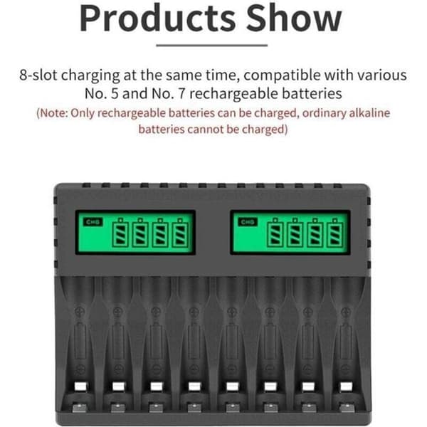 Smart LCD batterioplader med 8 pladser til AA/AAA NiCd/NiMH genopladelige batterier