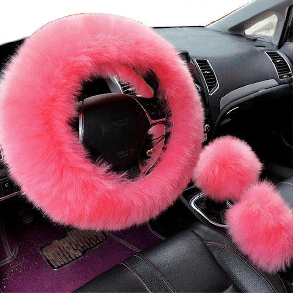 3-pack Faux Wool Rattstyre, Växelspak och Handbromsöverdrag Bildekor Pink