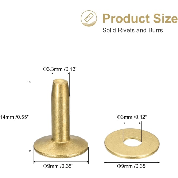 10 set mässingsnitar och grader, 9x3,3x14mm solida läder mässingsnitfästen för läder DIY hantverkstillbehör, guldton