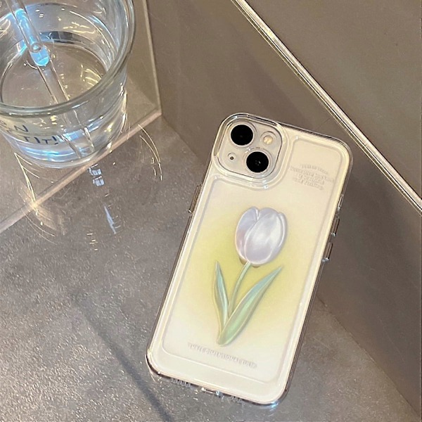 Blommig Mobilskal Kompatibelt med iPhone 12, Sött Estetiskt Klart Tulpan Mobilskal för Kvinnor Flickor Clear Tulip iphone 13 pro max case