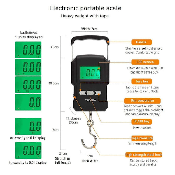 Fiskevægt, 75 kg hængende bagagevægt, elektronisk fiskevægt med baggrundsbelyst LCD-display, målebånd og 2 AAA-batterier, egnet til O