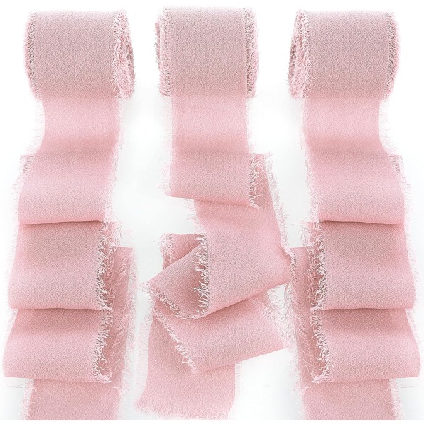 3 rullar 1,5" handgjorda frans chiffong sidenband slitna kanter band för bröllopsinbjudningar, brudbuketter, presentförpackning (rosa)