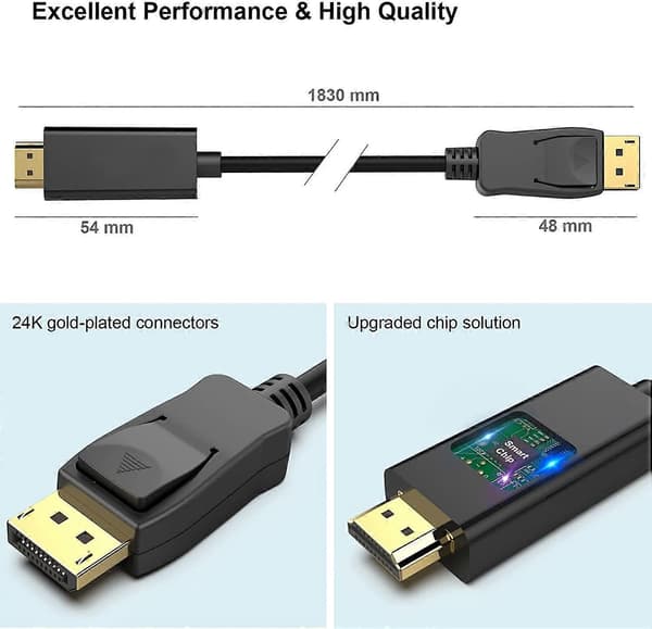 DisplayPort til HDMI 1,8 meter forgyldt kabel, Avacon Display Port til HDMI Adapter Han til Han Sort (4K*2K), 2-pak