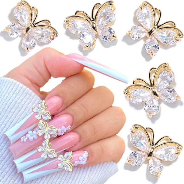 5 st glänsande zirkonfjärilsnaglar charms 3d legering fjärilsnaglar strass nagelkonst charms nagelsmycken fjärilscharms för naglar diy nageljuveler na