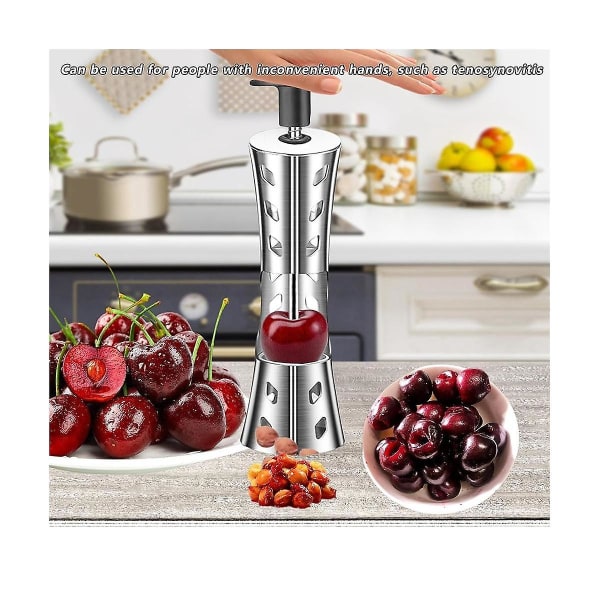 Bærbart kirsebærpitterfjernerverktøy 304 rustfritt stål kjøkkenverktøy sølvfruktfjerner for kirsebærsyltetøy Presstype