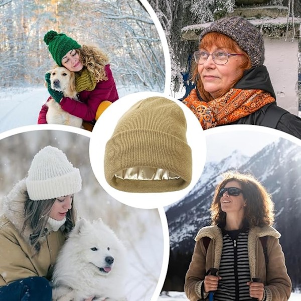 Satinfodrade vintermössor, satinfordrad beanie vintermössa, stickad klockhatt med silkefoder, silkefodrad slouchy beanie, unisex enfärgad skullcap khaki