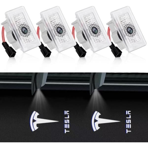 4 stk. Tesla Puddle Lights Bildørlys Logo Projektor, Ultralet LED 3D Laser Ghost Shadow Lys, Invitationslys til Model 3 YSX Tilbehør