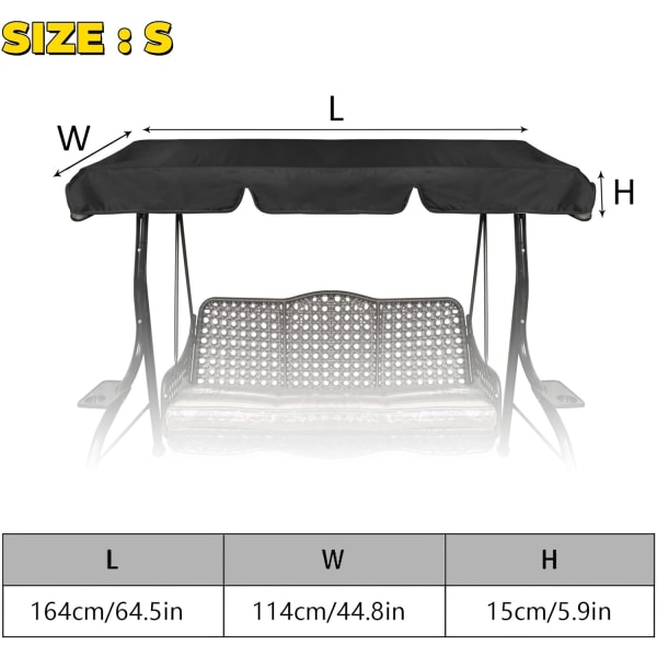 Ersättning för gungstolstak, vattentät/UV, täck uteplats hängmatta tak topp trädgård utomhus, silverbeläggning, mått: 164 x 114 x 15 cm