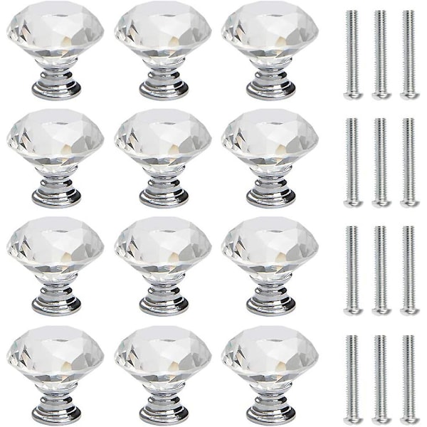 Set med 12 30 mm Diament Crystal Dörrknopp Dörrknopp Med Skruvar Dekoration Dörrskåp Låda Skåp Lådknopp Silver