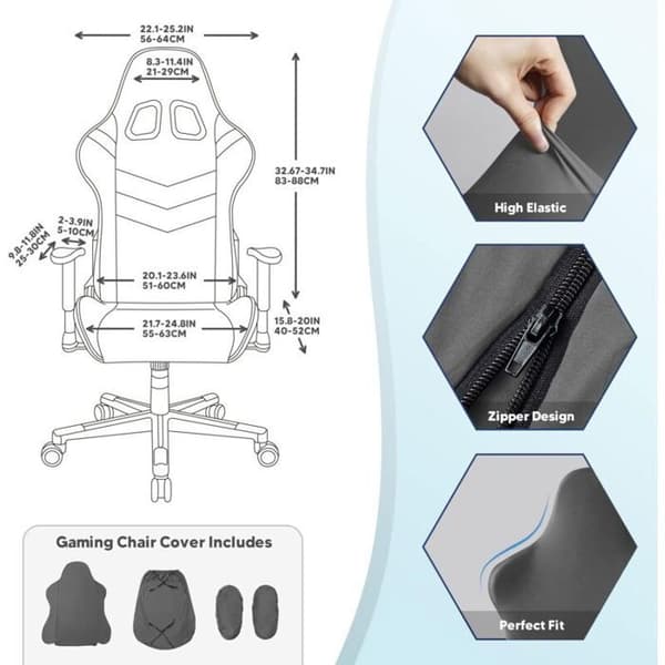 Gaming stolovertrekk – Grå – Størrelse L – Dimensjoner 52 × 63 × 88 cm