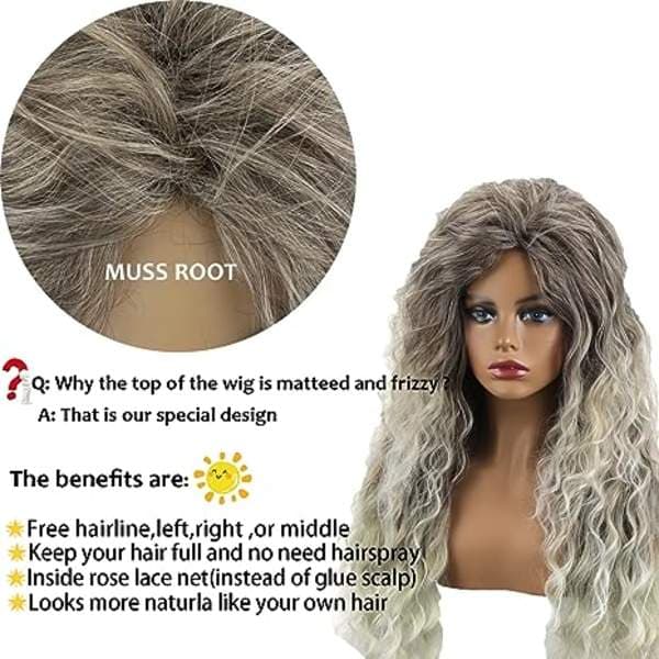 Lång lockig vågig peruk grå blond kvinnlig blandad blond lockig peruk