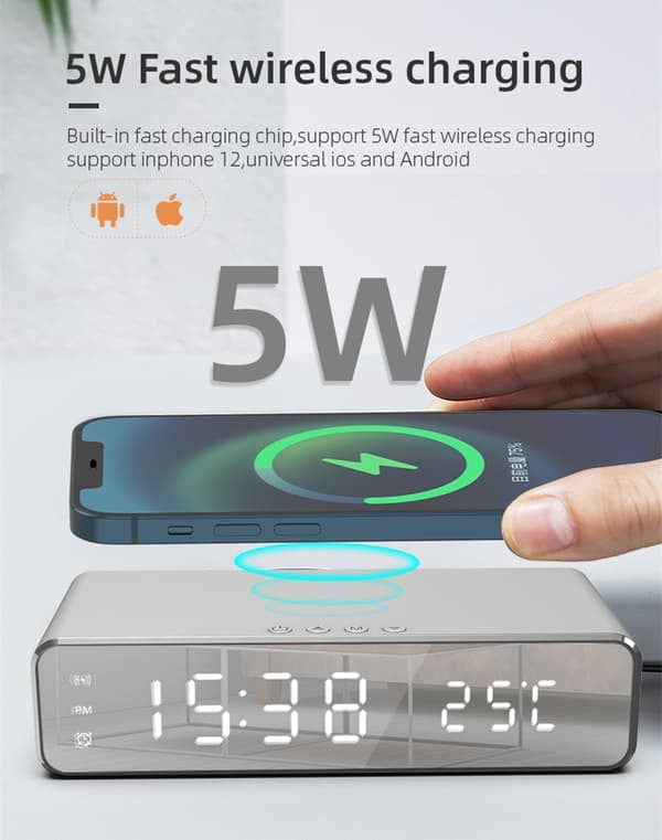 Digital LED vækkeur med trådløs oplader/termometer Sølv