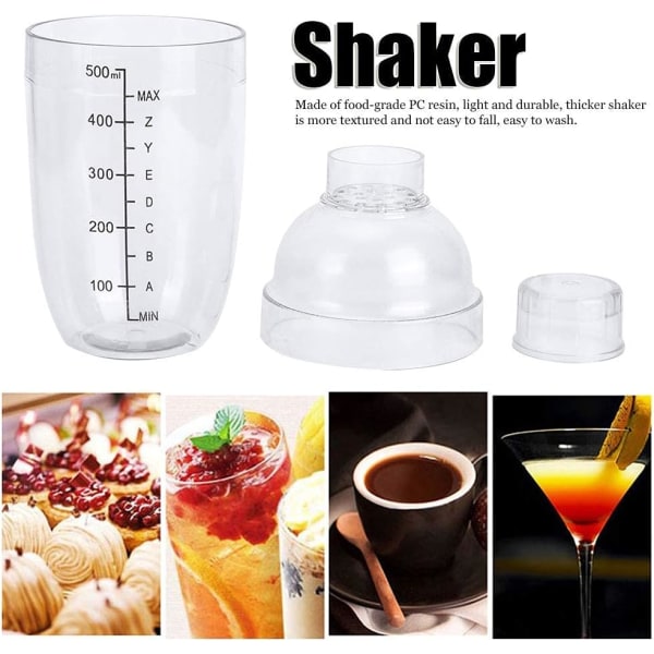 Cocktailshaker i plast, 500 ml Shaker Cup Clear Drink Shaker Flaske Ice Tea Shaker Aftagelig mælke tekande blande shakers med vægt