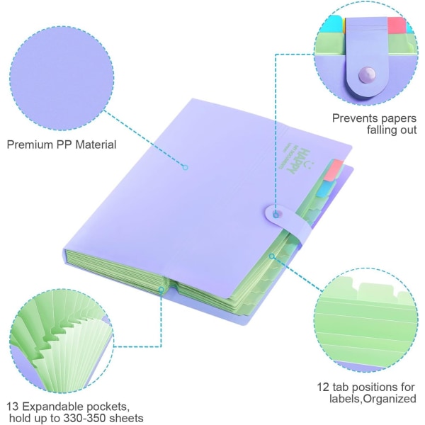 Laajeneva kansio A4-kirjekoko polypropeeni (PP) 12-osainen harmonikkadokumenttilompakko napsautettavalla sulkimella kaikille paperitöille, violetti kansi