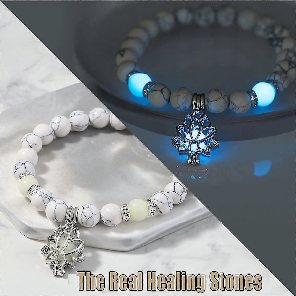 2 stk. Angst- og Afstressningsarmbånd, selvlysende Lotus Yoga Helbredende Stenarmbånd, lysende Selvlysende Måne Lotusblomstformet Charm Armbånd
