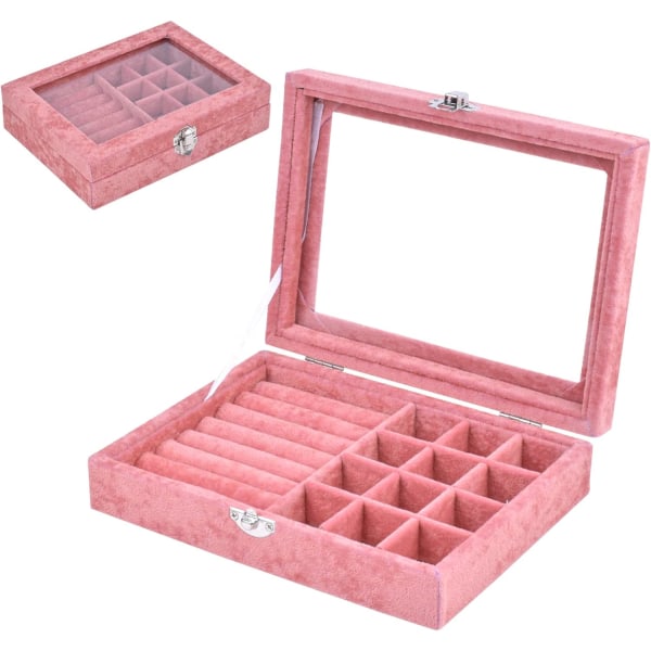 Smykkeopbevaringsæske, smykkeudstillingsboks med glaslåg, multifunktions smykkeopbevaringsboks, smykkemontre til smykker (pink)