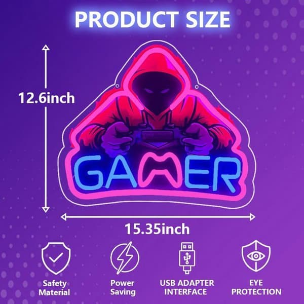 Gamer Neonskilt – LED Spilcontroller Logo – Gaming Indretningslys – Fed Gaveidé