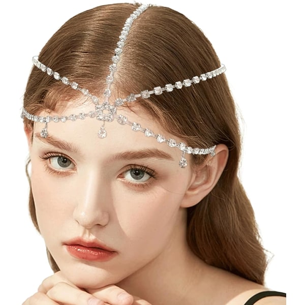 Kvinde Hårkæde, Flerlags Rhinestone Hovedkæde, Moderigtig og Alsidig Krystal Dråbeformet Hovedbeklædning Smykker -Sølv