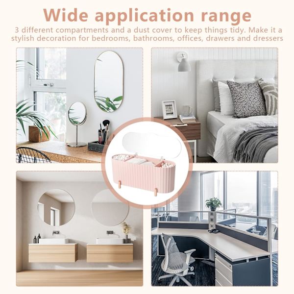 Makeup Organizer Opbevaringsbeholdere, ABS-holder, 3 rum badeværelse organizer skønhed makeup opbevaringsarrangør til vatrondeller, vatpinde, pink