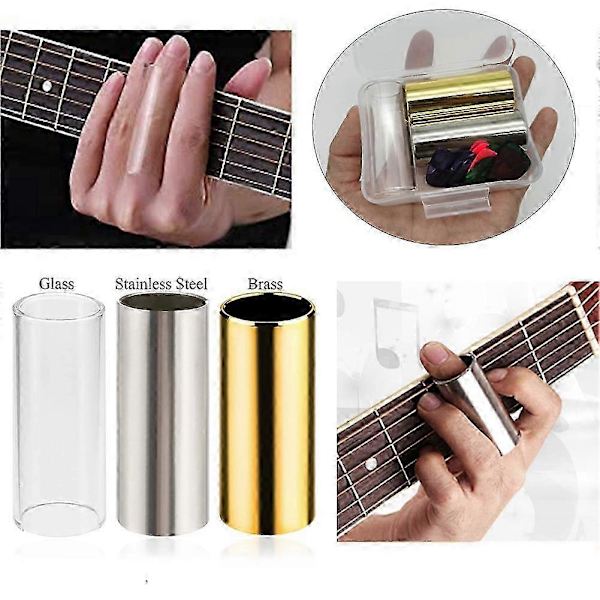 Gitarr Slide, Set med 1 Glas Slide, 1 Stål Slide och 1 Mässing Gitarr Slide, Bonus 10 Gitarrplektrum