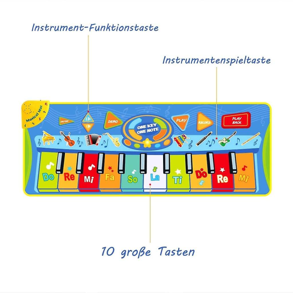 Pianomatte for barn, dansemåtte, musikkmatte, pianomatte, tastaturmatte, 10 pianotaster, 8 instrumenter, sklisikker