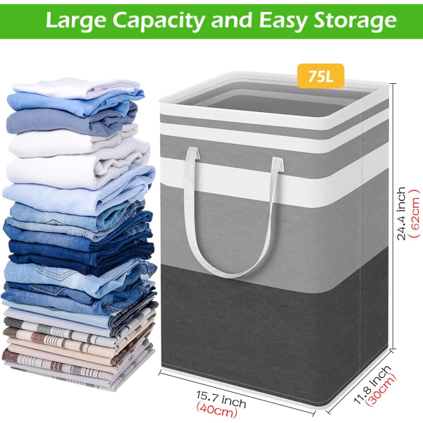 75L stor vasketøjskurv pose-vandtæt, fritstående vasketøjshæm-sammenklappelig høj vasketøjskurv med forlængede håndtag til tøj (Gradient Grey)