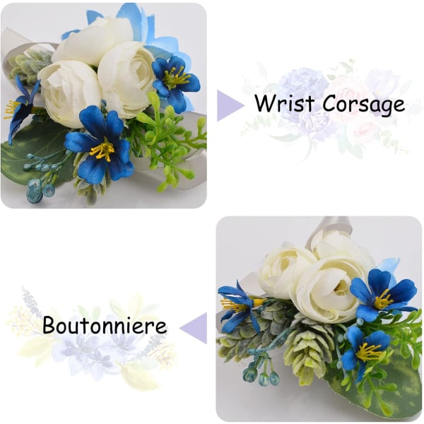 2 stk. håndledsblomster, kunstig bryllupshåndledsblomst og boutonniere sæt brud håndblomst mænd boutonniere til bryllup, hvid og blå