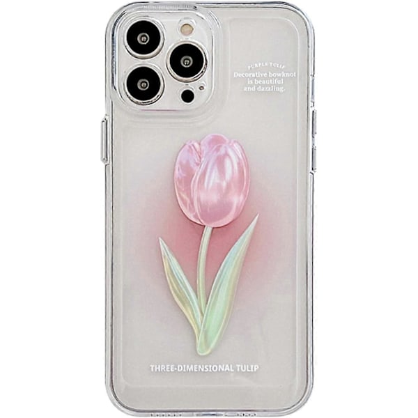 Blommig Mobilskal Kompatibelt med iPhone 12, Sött Estetiskt Klart Tulpan Mobilskal för Kvinnor Flickor Clear Tulip Pink iphone 14 plus case