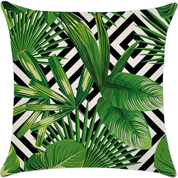 Putetrekk 45 x 45 cm, sett med 4 putetrekk i bomull og lin, putetrekk for sofa, hageseng, sofa, puter (Blad-4)