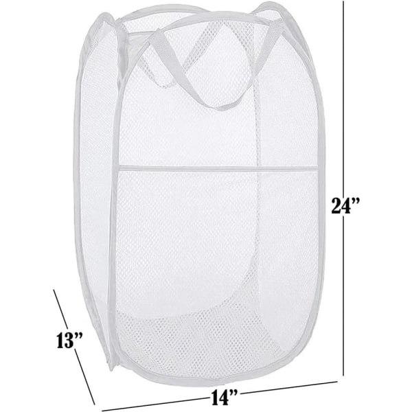 75L Deluxe Sterk Mesh Pop-up Vaskeri Kurv med Sidelomme for Vaskerom, Bad, Barnerom, Studentbolig eller Reise (Hvit, 36x36x60cm)