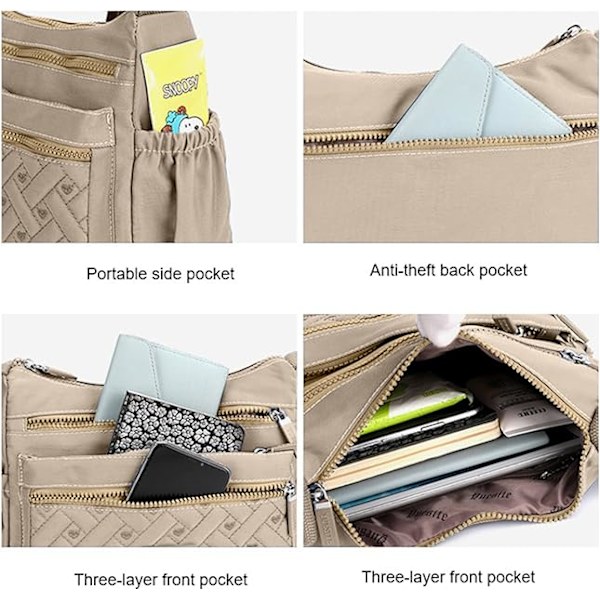 Dame Crossbody Bag, Multi Pocket Crossbody Bag Skulder Bag Reiseveske Håndveske (Khaki)