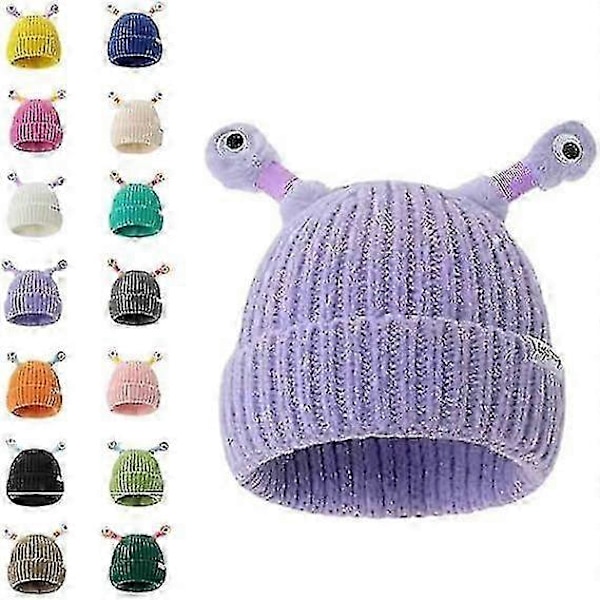 Vinter Foreldre-Barn Søt Glødende Liten Monster Strikket Lue, Sunny Søt Monster Beanies Lue, Morsom Glødende Monster Strikket Lue Purple