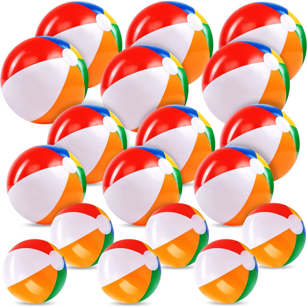 Regnbågsbadbollar (18-pack), set innehåller 18 uppblåsbara strandbollar 16"/40,6 cm (9 st) och 12"/30,5 cm (9 st) flerfärgade