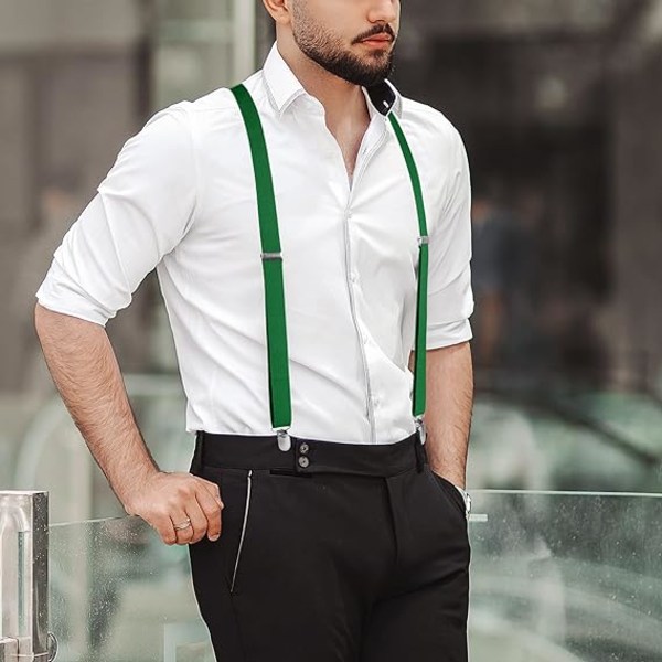 Bukseseler for menn med 4 klips X-form, justerbare elastiske bukser for menn, bukseseler for menn Bryllup Business Casual seler (grønn)