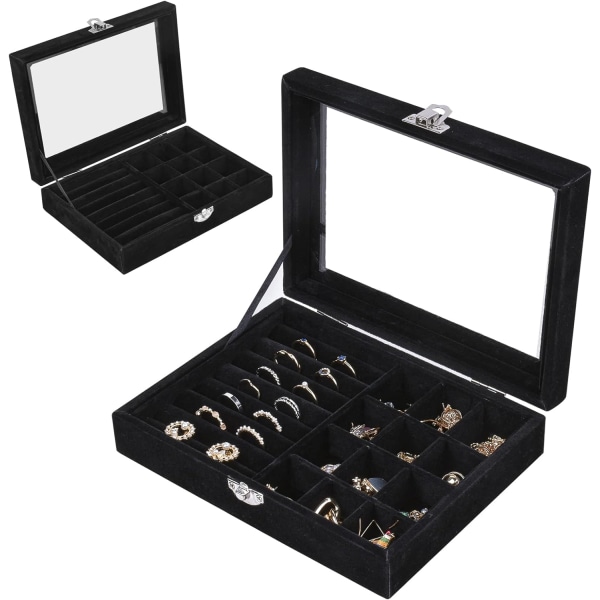 Smykkeæske, smykkeboksbakke med glasdæksel, multifunktions smykkeopbevaringsboks, smykkemontre til smykker (sort)