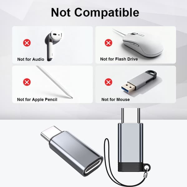 Lightning (hunn) til USB-C (hann) adapter, kompatibel med iPhone 15 Grå Grey