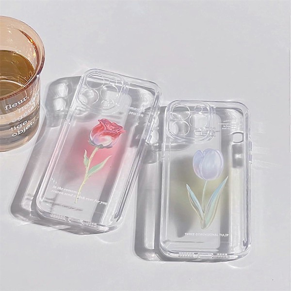 Blommig Mobilskal Kompatibelt med iPhone 12, Sött Estetiskt Klart Tulpan Mobilskal för Kvinnor Flickor Clear Rose iphone 13 case
