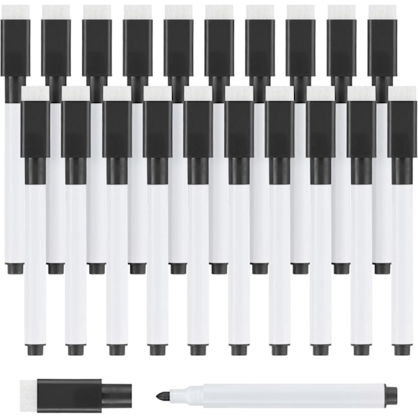 Valkotaulun merkit, magneettiset kuivapyyhemerkit, valkotaulun kynät magneettinen pyyhekorkki Merkkikynät Pyyhi pyyhekumilla Hienokärkinen valkotaulukynä lapsille Black 20 Pcs
