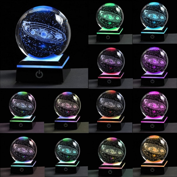 3,15" (80 mm) Solsystem Krystallkule 3D Solsystem Planeter Modell Globe med LED-base Dekorativt hjem ornament Astronomi Gaver (svart base)