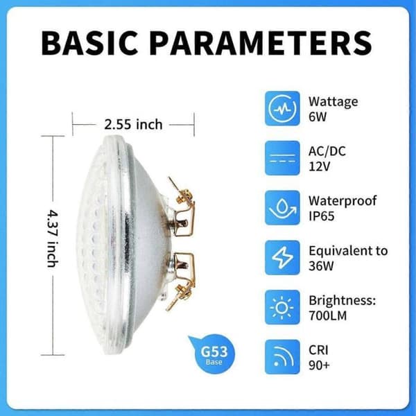 PAR36 LED-spotlight, 6W, 3000K varmvit, 12V, 700lm, vattentät, motsvarar 36W halogen, 1 enhet – AquaForge