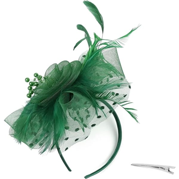 Fascinator Hat for Women Ladies Wedding Fascinators Tea Party Hat Flapper Pillbox Hat Ascot Race Hat Feather Flower(mørkegrønn) dark green