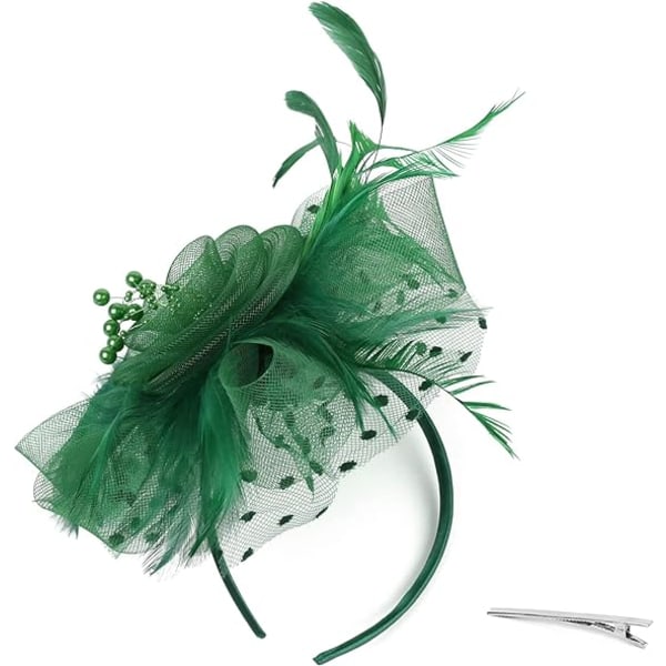 Fascinators Hat for Women Damer Bryllup Fascinators Tea Party Hat Flapper Pillbox Hat Ascot Race Hat Feather Flower (mørkegrønn)