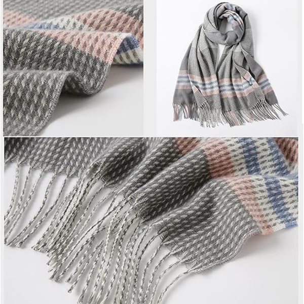 Dametørklæde til efterår/vinter - Klassisk frynset plaidtørklæde - Varmt, blødt, tykt, stort tæppewrap - Sjal - Tørklæder (grå)
