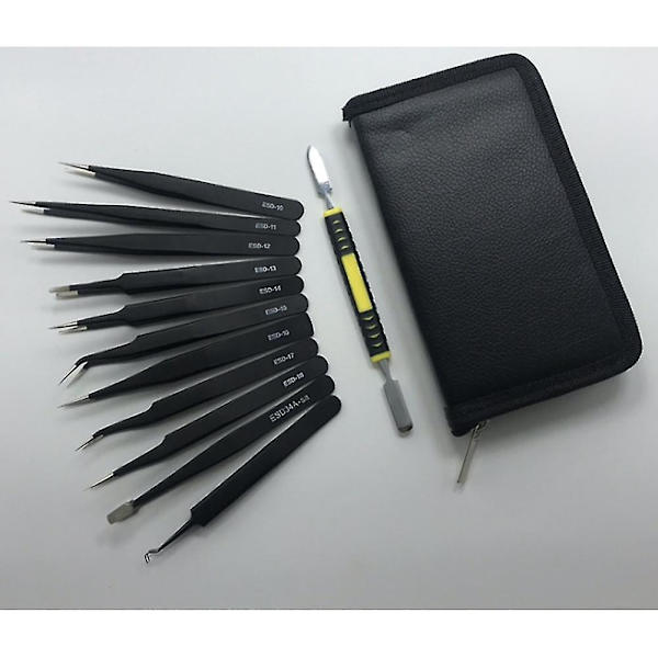 Pincet 12 stk. Esd Pincet Kit Antistatisk Ikke-magnetisk Rustfrit Stål Multi-standard Med Ba