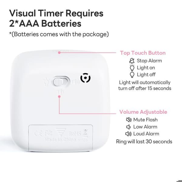 Visuel timer til børn – 60-minutters nedtælling med lydløs flash – velegnet til klasseværelser (Pink)