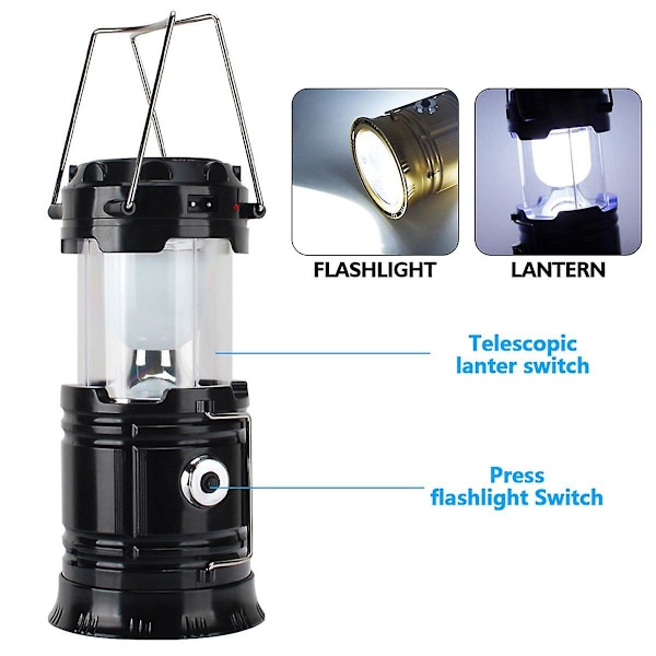 Solcellsladdad bärbar lykta teleskopisk ficklampa multifunktions utomhus camping nöd tältlampa