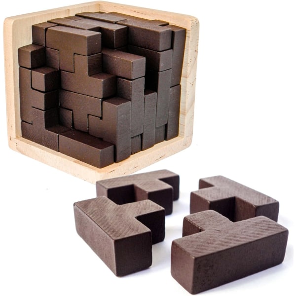 3D Hjärngympa Träpussel för Vuxna och Barn, Genius Skills Builder T-formade Bitar. 3D Pussel Med 54 Bitar. Målad Finish Pusselbox