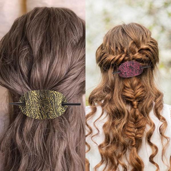 6PCS Hårklämma med pinne, Faux Läder Oval Form Hårklämmor Hår Slider Pin Hästsvanshållare, Bohemian Style Hårtillbehör Klämma