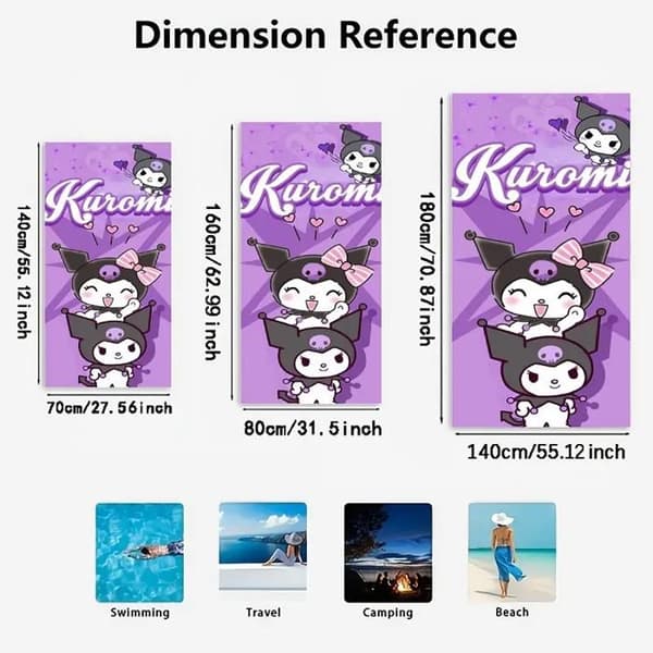 Kuromi badehåndklæde (140 x 180 cm) – Regnbue polyester – Hurtigtørrende og ultra-absorberende – Til piger/børn