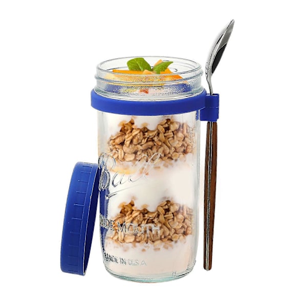 Glasbehållare för Havregryn med Sked - 350ml Flerfärgad 30 cl Mason Jar med Bred Öppning för Overnight Oats, Flingor, Yoghurt - Lufttät Förslutning och Läcksäkert Lock Blue 600ML